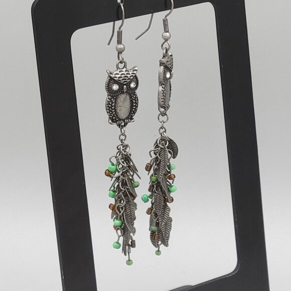 Silver Tone Owl Dangle Earrings With Beads & Leaf Charms Fish Hook 4 in Length - Picture 5 of 7